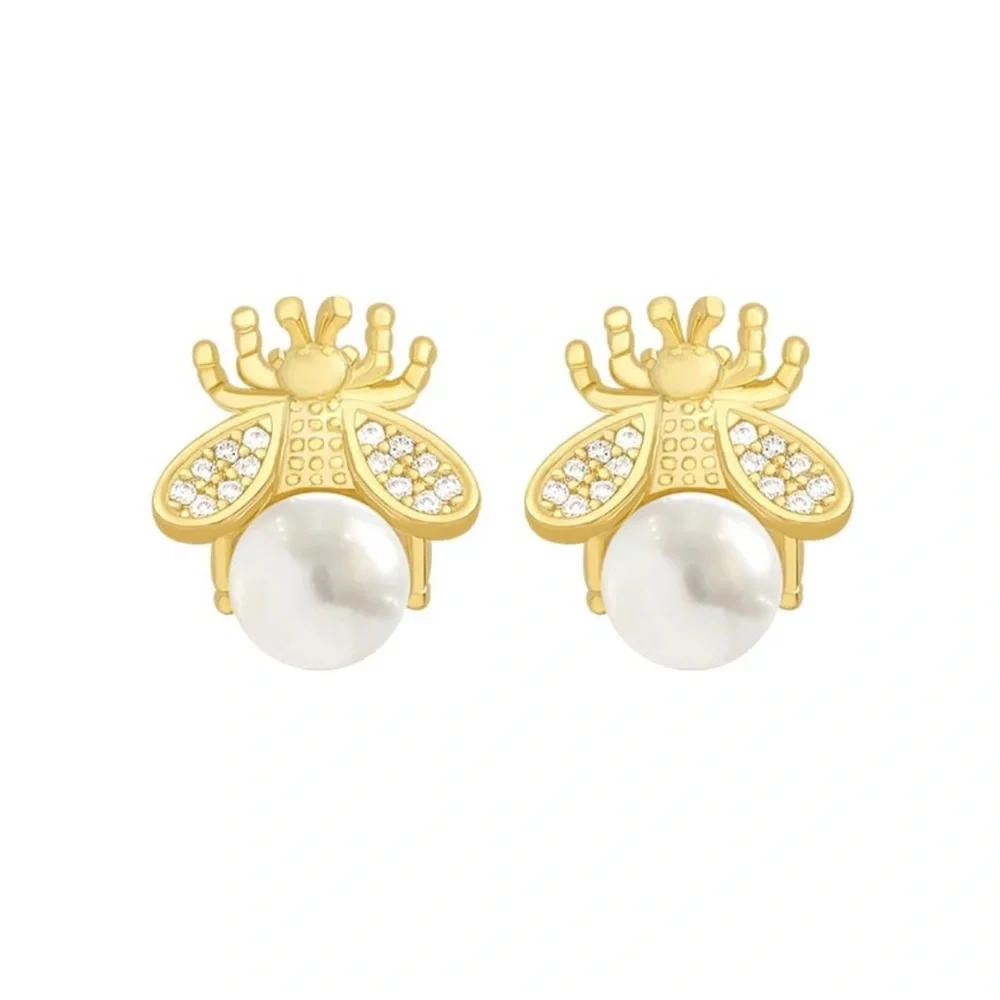Pearl bee earrings stud bee earring - Picture 4 of 8